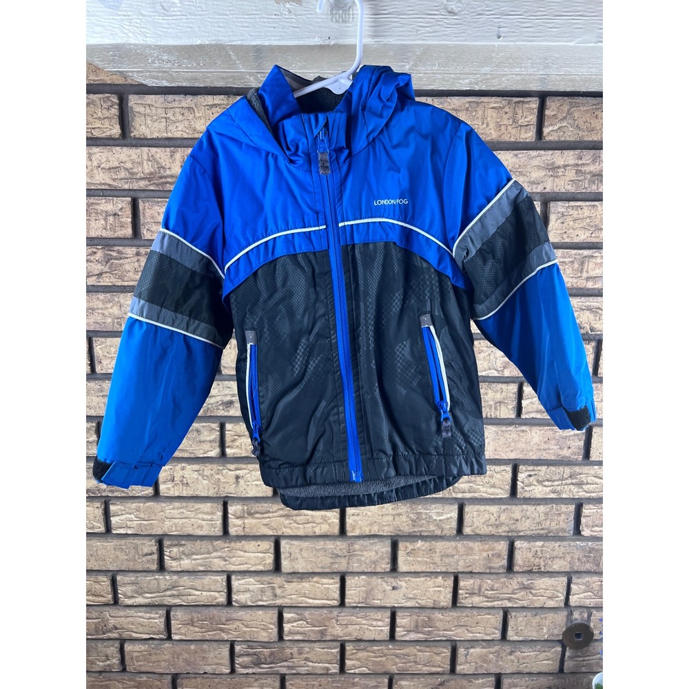 London Fog‎ Boys 4T Winter Jacket Blue Black Hooded Fleece Lined Reflective